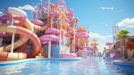 Wall Mural - Inflatable toys fill the waterpark pool as kids enjoy fun-filled holiday activities in the sun.