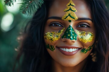 Wall Mural - Cheerful indian woman with festive green and gold christmas tree face art in joyful holiday setting