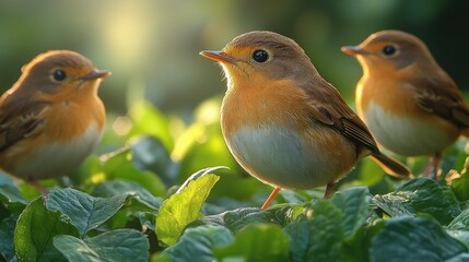 Wall Mural - Close-Up of Three Colorful Birds Sitting Among Vibrant Green Leaves in Soft Morning Light, Nature's Beauty Captured in a Serene Setting