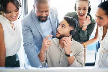 Poster - Call center, help or man in training with team leader for learning telecom or customer service. Mentor, coaching people or sales agent for consulting advice, group support or question in new job