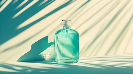 Canvas Print - Teal Perfume Bottle in Sunlight Palm Shadows