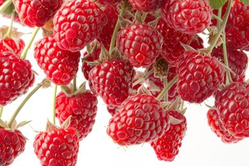 Wall Mural - Vibrant fresh raspberries adrift on a clean white surface for a refreshing visual experience