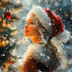 Poster - Christmas Card - Merry Christmas and Happy New Year 2024 - Beautiful gift box and golden bokeh lights