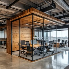 Poster - Dark and wooden office interior corridor with glass rooms, conference and coworking zone with pc computers, chairs and tables. Business workplace with different work spaces. 3D rendering
