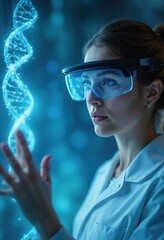 Wall Mural - female scientist studying dna helix in futuristic lab, genetic research and biotechnology concept