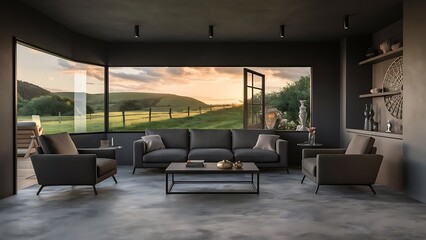 Dark living room interior with sofa and two armchairs, side view, shelf and coffee table with decoration, grey concrete floor. Panoramic window on countryside. 3D rendering