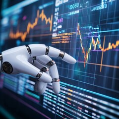 Aufkleber - Ai Robot hand touching forex charts and diagrams stock market display on board. Investment and trading on stock market with Artificial Intelligence concept.