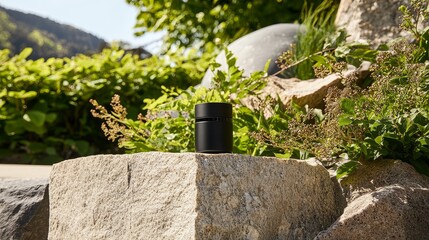 Modern candle jar displayed in lush green nature photography