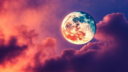 Wall Mural - Full moon in vibrant sunset sky with