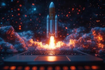 Wall Mural - futuristic concept of a rocket launch illustrated on a laptop screen, symbolizing entrepreneurship and innovation in a startup environment, with a sleek and modern design aesthetic