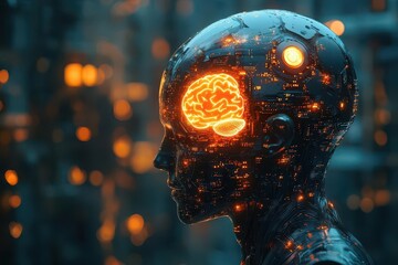 Wall Mural - futuristic scene showcasing human-robot interaction blending ai and big data, illuminated by a glowing brain and data-powered light bulb emphasizing innovation