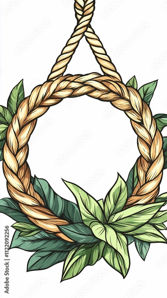 An illustration of a rope and leaves in a circular shape, with a white ...
