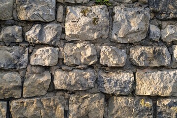 Fototapete - Textured stone wall featuring various shapes and colors in natural hues, creating a rustic and earthy appearance for architectural design elements