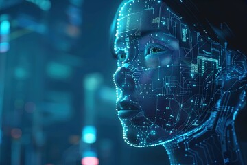 Aufkleber - Futuristic digital representation of a human face with intricate circuit patterns glowing in a dark environment showcasing technology and artificial intelligence