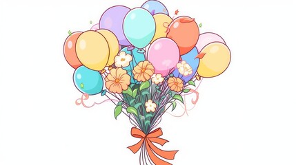 Wall Mural - Bouquet with balloons and flowers on white background. AI generate illustration