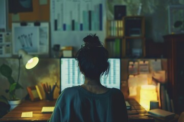 Poster - Analyzing business reports and financial data on a wooden desk with a laptop in the background