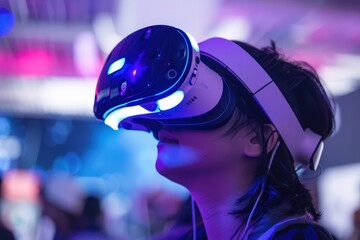 Aufkleber - Young woman experiences virtual reality technology in a colorful gaming center during an evening event