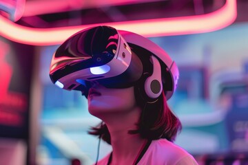 Aufkleber - Young woman experiences virtual reality technology in a colorful gaming center during an evening event