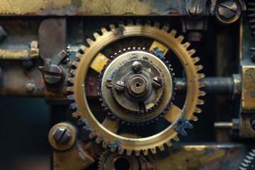 Aufkleber - Intricate details of vintage brass gear mechanism showcasing mechanical craftsmanship in a dimly lit workshop setting