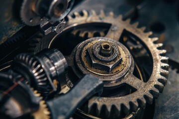 Leinwandbilder - Intricate details of vintage brass gear mechanism showcasing mechanical craftsmanship in a dimly lit workshop setting
