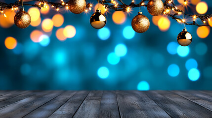 Poster - A festive scene featuring shimmering ornaments and soft bokeh lights against a wooden surface, perfect for holiday celebrations.