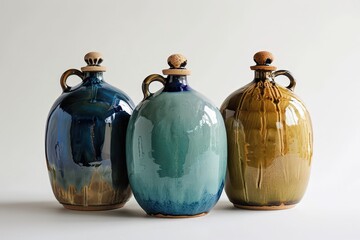 Aufkleber - Handcrafted ceramic bottles in varying shades of blue, green, and brown displayed artistically on a neutral background