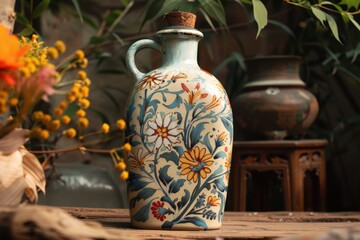 Aufkleber - Handcrafted ceramic bottles in varying shades of blue, green, and brown displayed artistically on a neutral background