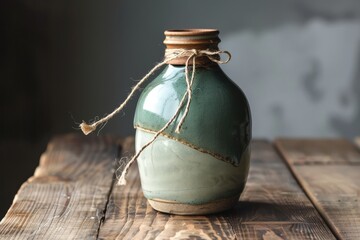 Aufkleber - Handcrafted ceramic bottles in varying shades of blue, green, and brown displayed artistically on a neutral background