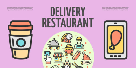 Wall Mural - Restaurant Food Delivery Service Concept Horizontal Placard Poster Banner Card Template with Coffee Drink and Chicken. Vector illustration