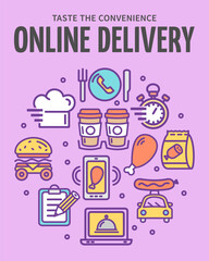 Wall Mural - Online Fast Food Delivery Service Concept Vertical Placard Poster Banner Card Template with Mobile Phone and Menu Elements. Vector illustration