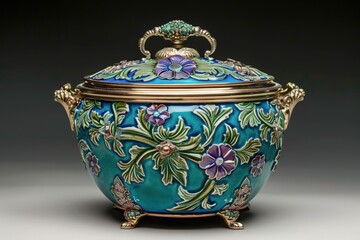 Poster - Colorful ornamental pot with floral patterns and golden accents displayed against a neutral background