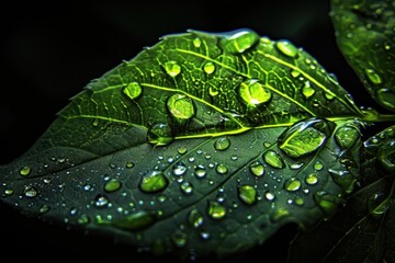 Poster - Water droplets gather on a green leaf showcasing intricate texture and vibrant color under natural light