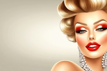 Wall Mural - Glamorous caucasian female with red lips and pearl necklace