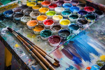 Poster - Colorful paint palette with jars showcasing vibrant hues in an artist's workspace during a creative session