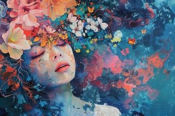 Poster - Vibrant mural depicting two intertwined faces with intricate details and vivid colors in an urban setting during daytime