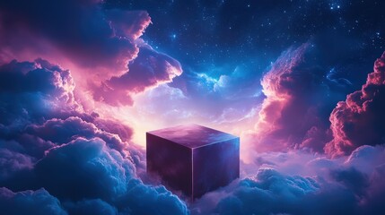 Wall Mural - Abstract cube floating among colorful clouds and starry sky. Vibrant surreal scene with cosmic elements.