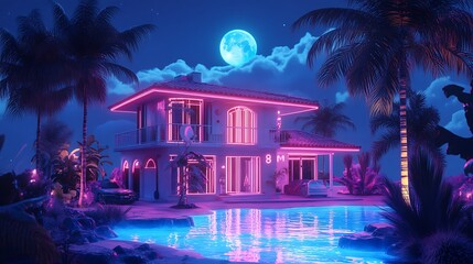 Wall Mural - futuristic neon glowing house illustration vibrant visuals image