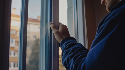 Wall Mural - A close-up view of a worker installing a plastic window indoors.