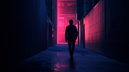 Wall Mural - Silhouette of a person walking in a neon alley.