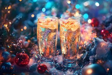 Wall Mural - Sparkling Christmas beverages surrounded by vibrant holiday decorations4k image