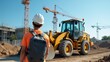© IgorImageDoc - The image shows a construction site with a construction worker wearing an orange t-shirt and a white hard hat. He is standing in front of a yellow bulldozer and a large orange crane.