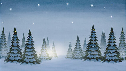 Wall Mural - Magical Christmas background featuring a snowy forest with tall pine trees, glowing fairy lights, and a soft blue twilight sky sprinkled with stars, creating a serene winter wonderland