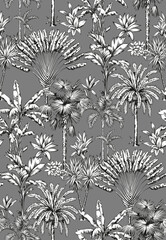 Wall Mural - Tropical Hawaiian seamless pattern with palm trees. Botanical foliage monochrome background. Linear style. Vector illustration. Black and white hand drawn sketch.