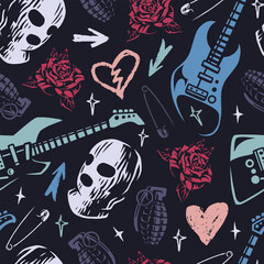 Wall Mural - Rock music pattern featuring skulls and roses