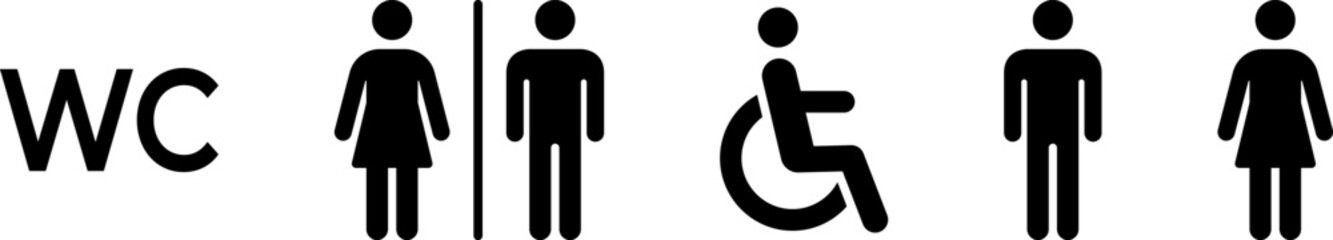 Wall Mural - Washroom signs. Printable sticker of toilet symbol sign with woman wc man handicapped baby icons. Restroom bathroom and change room sign. png or vector illustration.