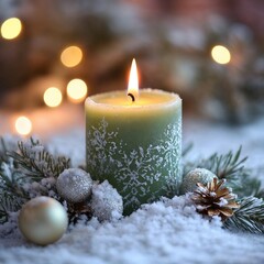 Wall Mural - Christmas candle with christmas decoration in the snow.