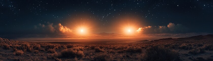 Wall Mural - celestial phenomenon rising over desert landscape nighttime panorama vast expanse mystical viewpoint