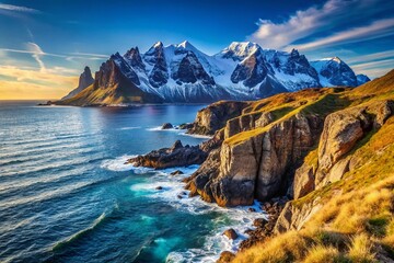 Canvas Print - Coastal Landscape Featuring Rugged Cliffs, Pristine Blue Ocean, and Majestic Snow-Capped Mountains Under a Clear Sky for Nature Photography Enthusiasts and Travel Lovers