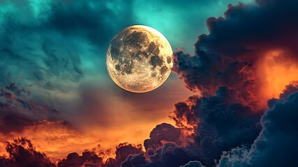Wall Mural - Full moon surrounded by dramatic colorful clouds