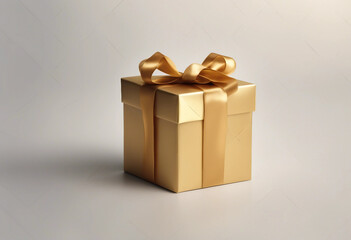 A beautifully wrapped golden gift box adorned with a satin ribbon isolated on transparent background